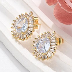 Настоящее золото 16K Серьги-гвоздики из латунного микро-паве, слеза, реальный 16 k позолоченный, 16.5x14 мм