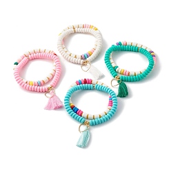 Mixed Color Handmade Polymer Clay Beads Stretch Bracelets Sets, with Brass Beads & Pendants, with Tassels, Heart, Mixed Color, Inner Diameter: 2~2-1/8 inch(5.2~5..5cm), 2pcs/set