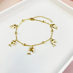 Dolphin Браслеты из нержавеющей стали с подвесками в виде морских животных, золотые, дельфин, 7-7/8 дюйм (200 мм)