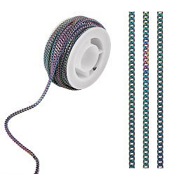 Rainbow Color Ion Plating(IP) 304 Stainless Steel Twisted Chains, Curb Chains, Unwelded, with Spool, Rainbow Color, about 32.8 Feet(10m)/roll, 4.0x3x1mm, 59x22mm