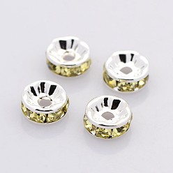 Jonquil Brass Rhinestone Spacer Beads, Grade AAA, Straight Flange, Nickel Free, Silver Metal Color, Rondelle, Jonquil, 6x3mm, Hole: 1mm