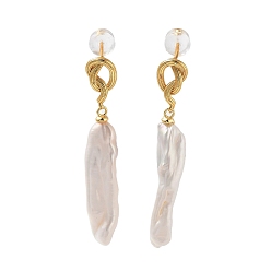 Real 18K Gold Plated Strip Shape Natural Pearl Stud Earrings for Women, Knot Sterling Silver Dangle Earrings, Real 18K Gold Plated, 41x7mm
