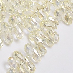 Светло-желтый Стеклянные бусины с гальваническим покрытием , с полным покрытием блестки, граненые, слеза, светло-желтый, 12x6 мм, отверстие : 1 мм