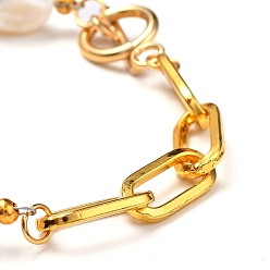 Golden Natural Baroque Pearl Keshi Pearl Bracelets & Necklaces Sets, with Unwelded Iron Paperclip Chains and Brass Crimp Beads, 304 Stainless Steel Toggle Clasps, Golden, 7-3/4 inch(19.8cm), 17.48 inch(44.4cm), 2pcs/set