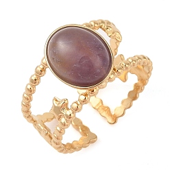 Аметист Овальные кольца на палец с натуральным аметистом, ионное покрытие (ip) 304 манжеты из нержавеющей стали для женщин, пайки, реальный 14 k позолоченный, овальный : 11.5x9.5 mm, регулируемый