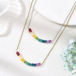 Golden & Stainless Steel Color Dyed Natural Malaysia Jade Rondelle Chakra Pendant Duo Tone 304 Stainless Steel Cable Chain Double Layer Necklaces for Women, Colorful, Golden & Stainless Steel Color, 16.46 inch(41.8cm)