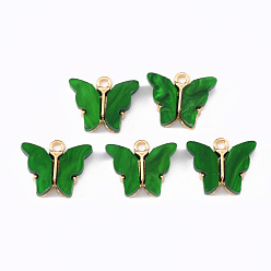 Dark Green Alloy Acrylic Pendants, Butterfly, Light Gold, Dark Green, 14x16.5x3mm, Hole: 1.6mm