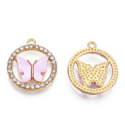 Бледно-Розовый Подвески из сплава , с кристаллами горного хрусталя и акрила, кольцо с подвеской в виде бабочки, золотой свет, без кадмия, без никеля и без свинца, розовый жемчуг, 18.5x16x2~3 мм, отверстие : 1.2 мм