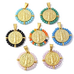 (52) Непрозрачная лаванда 304 подвески из нержавеющей стали, со стеклянными бусинами, ионное покрытие (ip), плоский круглый с шалфеем, реальный 18 k позолоченный, разноцветные, 27.5x28x3.5 мм, отверстие : 8x4 мм