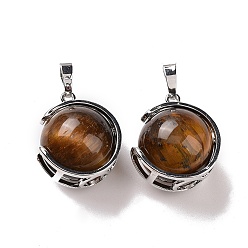 Tiger Eye Natural Tiger Eye Pendants, Ball Sphere Charms with Platinum Tone Brass Findings, 24x21x18mm, Hole: 8x5mm