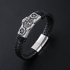 Античный Серебристый & Цвет Нержавеющей Стали Браслеты из плетеного шнура из искусственной кожи в стиле панк, 304 Браслеты с подвесками в виде мотоциклов из нержавеющей стали для мужчин, с магнитной застежкой, старинное серебро и цвет нержавеющей стали
