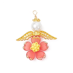 Красный Подвески-ангелы из стеклянного бисера ручной работы, с крылом из акрила и сплава и медной проволокой, красные, 38x30.5x8 мм, отверстие : 2.5 мм