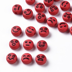 (123L) Белый крем непрозрачный блеск Непрозрачные акриловые бусины из огнеупорного кирпича, плоский круглый с черным случайным выражением, 7x4 мм, отверстие : 1.6 мм, Около 3650 шт / 500 г