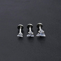 Треугольник 304 лабреты из нержавеющей стали без резьбы, с четким кубического циркония, цвет нержавеющей стали, треугольные, 3x3 мм, полюс: 6 мм