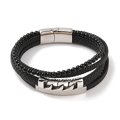 Другие Плетеные браслеты из микрофибры и кожи, многорядные, 304 браслеты из нержавеющей стали и черного стекла для мужчин, витая цепь, 8-5/8x1 дюйм (22x2.6 см)
