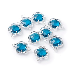 Стально-синий Соединители стеклянные ссылки, с фурнитурой Berzel с открытой спиной из экологически чистого сплава, граненые, цветок, серебряный цвет гальваническим, стальной синий, 15.5x12x3 мм, отверстие : 1.4 мм