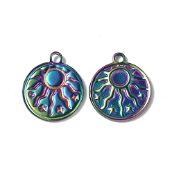 Rainbow Color Ion Plating(IP) 304 Stainless Steel Pendant Cabochon Settings, Flat Round with Sun, Rainbow Color, 21.5x18x2mm, Hole: 2mm, Tray: 4.5mm