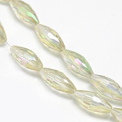 Желто-Зеленый Гальванических хрустальные стекла рисовые шарики нити, граненые, радуги цвет покрытием, желто-зеленый, 19x8 мм, отверстие : 1 мм, около 40 шт / нитка, 29.1 дюйм