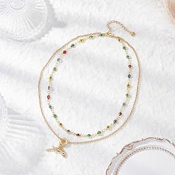 Разноцветный Подвеска с изображением сердца и креста из прозрачного кубического циркония в форме латуни с имитацией сглаза, лэмпворк, ручная работа 304 двухслойные цепочки из нержавеющей стали для женщин, золотые, красочный, 14.45 дюйм (36.7 см)