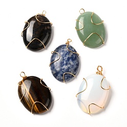 Mixed Stone Natural & Synthetic Gemstone Pendants, with Real 18K Gold Plated Eco-Friendly Copper Findings, Oval, 46~50x31x10mm, Hole: 3~4mm