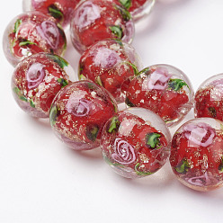 Red Handmade Gold Sand Lampwork Beads Strands, Inner Flower, Round, Red, 12.5~13.5mm, Hole: 1.5mm, about 28pcs/strand, 14.88 inch(37.8cm)