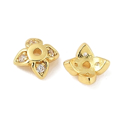 Настоящее золото 18K Колпачки для бусин из прозрачного кубического циркония из латуни, 4-лепестков цветка, реальный 18 k позолоченный, 5x5x2.5 мм, отверстие : 1 мм