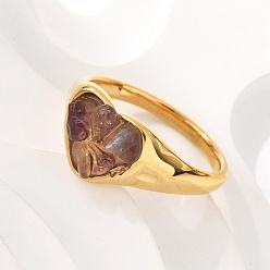 Аметист Перстни с натуральным аметистом в форме сердца, 304 кольца из нержавеющей стали, реальный 18 k позолоченный, 10 мм, размер США 7 (17.3 мм)