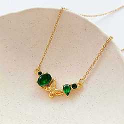 Emerald 304 Stainless Steel Rhinestone Butterfly Pendant Necklaces for Women, Golden, Emerald, 17.72 inch(45cm)
