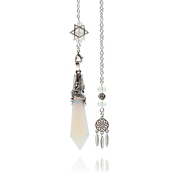Opalite Opalite Cone Dowsing Pendulum Big Pendants, with Meatl Woven Net/Web with Feather, Pendant: 68x16mm