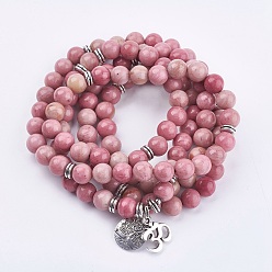 Rhodochrosite Natural Rhodochrosite Wrap Bracelets, with Alloy Finding, Om Symbol and Tree of Life, 36.22 inch~39.37 inch(92~100cm)