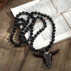 Имперская яшма Ожерелья из круглых бусин в стиле бохо с подвеской в виде головы коровы из смолы и страз, окрашенной в натуральный цвет императорской яшмы для женщин, чёрные, 33.86~34.65 дюйм (86~88 см)