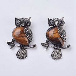 Тигровый глаз Gemstone подвеска, со сплавочной фурнитурой и стразами, сова, 50x35x7.5~9 мм, отверстие : 5x8 мм