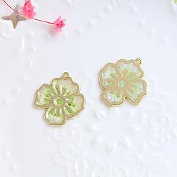 Pale Green Alloy Enamel Pendants, Golden, Flower Charm, Pale Green, 24x22mm