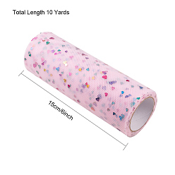 Pink Heart Glitter Sequin Deco Mesh Ribbons, Tulle Fabric, Tulle Roll Spool Fabric For Skirt Making, Pink, 6 inch(15cm), about 10yards/roll(9.144m/roll)