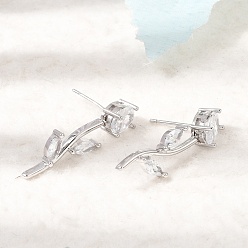 Clair Micro cuivres ouvrent zircone cubique boucles d'oreille, fleur rose, sans plomb et sans cadmium, crémaillère plaquage, plaqué longue durée, platine, clair, 30x11mm