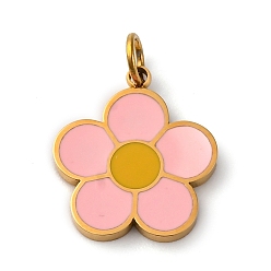 Pink 316 хирургические эмалевые подвески из нержавеющей стали, с прыжковых колец, цветочный шарм, ионное покрытие (ip), реальный 18 k позолоченный, розовые, 13.5x12x1.5 мм, отверстие : 2.6 мм