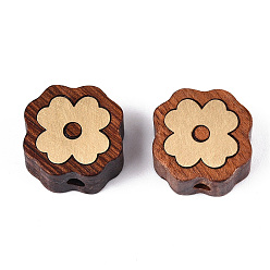 Цветок Натуральные сандаловые бусины и латунные бусины, неокрашенными, Четыре листа клевера, 14x14x7 мм, отверстие : 2 мм