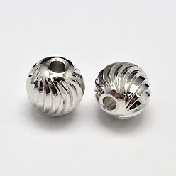 Platinum PVD Vacuum Plating Brass Corrugated Round Beads, Cadmium Free & Lead Free, Platinum, 8mm, Hole: 2mm