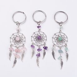 Mixed Stone Natural Chip Gemstone Keychain, with Tibetan Style Pendants and 316 Surgical Stainless Steel Key Ring, Woven Net/Web with Feather, 107mm, Pendant: 82x28x7mm
