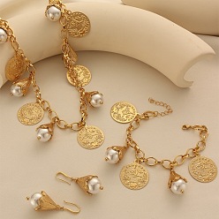 Золотой Ожерелья, серьги и браслеты с подвесками из искусственного жемчуга из сплава и пластика, цветок и плоский круг, золотые, колье: 20.47 дюйм (52 см)