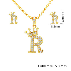 Letter R Наборы подвесок и сережек-гвоздиков из латуни с микропаве из прозрачных кубических цирконий., золотые, письмо с короной, Буква R, 11.5x8.8 мм и 400 мм