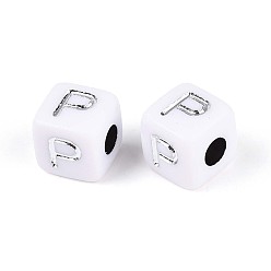 Letter P Непрозрачные акриловые бусины, куб с письмом, серебристого металла, обвитыми, Письмо P, 9~10x9~10x9~10 мм, отверстие : 4 мм, Около 625 шт / 500 г