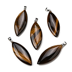 Тигровый глаз Естественно тигровый глаз большие кулоны, Подвески в виде конского глаза с 304 защелкивающимися креплениями из нержавеющей стали, цвет нержавеющей стали, 55~55.5x20~20.5x7.5~8 мм, отверстие : 6.5x4 мм