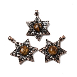 Тигровый глаз Подвески со звездой Давида из натурального тигрового глаза, с винтажной латунной рамкой красного медного оттенка, 33.5~34x25.5x7.5 мм, отверстие : 5x3 мм