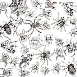 Antique Silver Tibetan Style Alloy Pendants, Mixed Spider Shape, Antique Silver, 17~43x14~47x2~4.5mm, Hole: 1.5~3.5mm