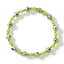 Зеленый газон Браслеты из стеклянных и латунных бусин, бусины от сглаза ювелирные изделия для мужчин и женщин, зеленый газон, внутренний диаметр: 6-1/2 дюйм (16.5 см) ~ 6-3/4 дюйм (17 см)