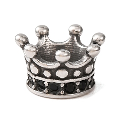 Jet 316 Surgical Stainless Steel European Beads, with Rhinestone, Large Hole Beads, Crown, Antique Silver, Jet, 10.5x6mm, Hole: 5mm