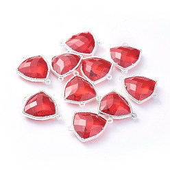 Красный Соединители стеклянные ссылки, с фурнитурой Berzel с открытой спиной из экологически чистого сплава, граненые, треугольные, серебряный цвет гальваническим, красные, 24x19x7 мм, отверстие : 1.5 мм