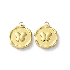 Бабочка Ионное покрытие (ip) 304 подвески из нержавеющей стали, плоский круглый шарм, реальный 18 k позолоченный, бабочка, 15.5x12.5x2.5 мм, отверстие : 1.6 мм
