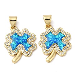 Real 18K Gold Plated Brass Micro Pave Blue Cubic Zirconia Pendants, Cadmium Free & Lead Free, with Shell, Clover, Real 18K Gold Plated, 20x15.5x2.5mm, Hole: 4x3mm